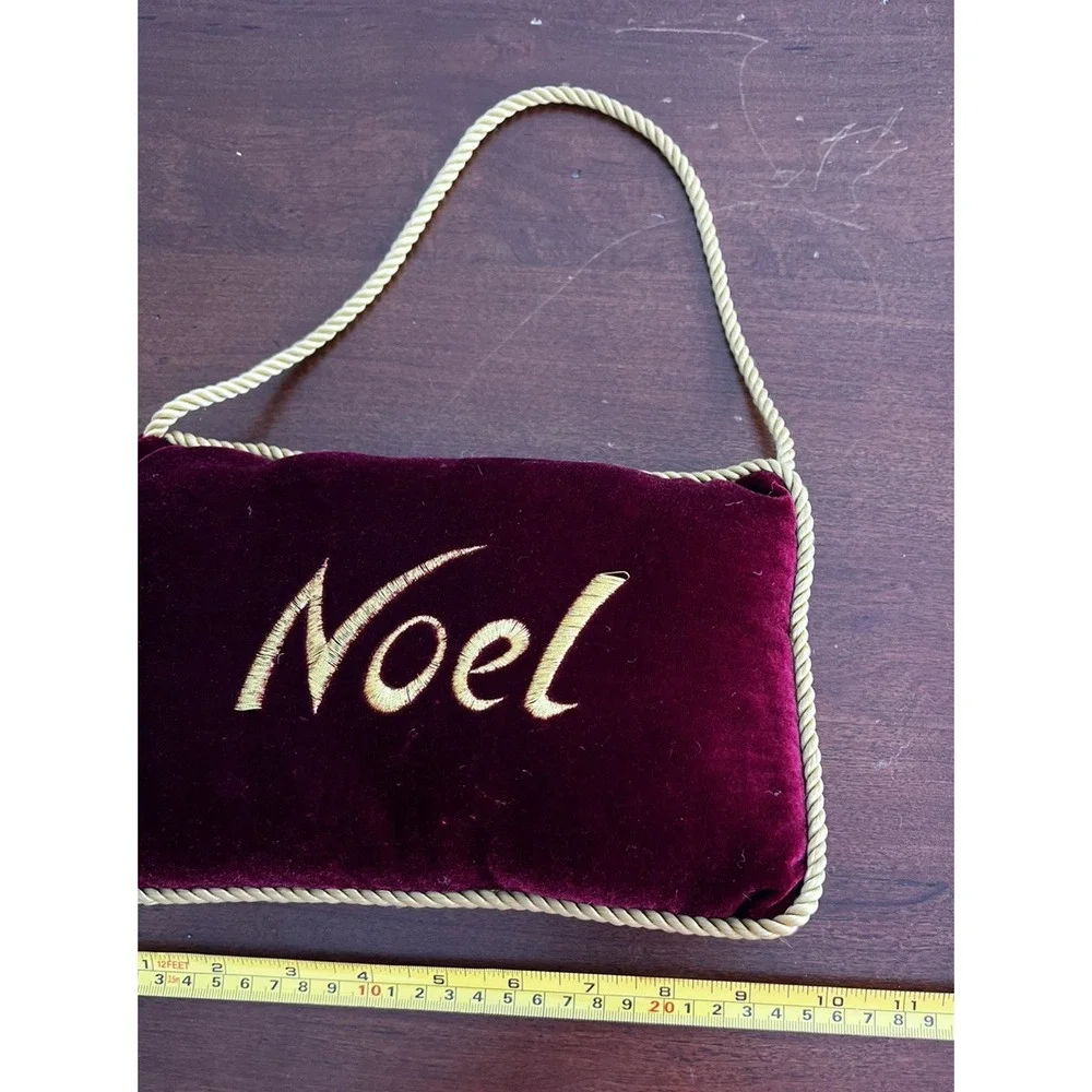Mini Pillow Christmas‎ Holiday Noel Door Hanger Burgundy Velvet Gold Corded Trim